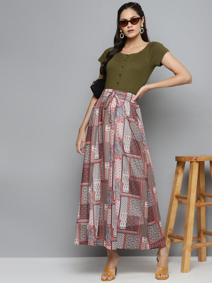 Women's Brown Patch Print Flared Maxi Skirt