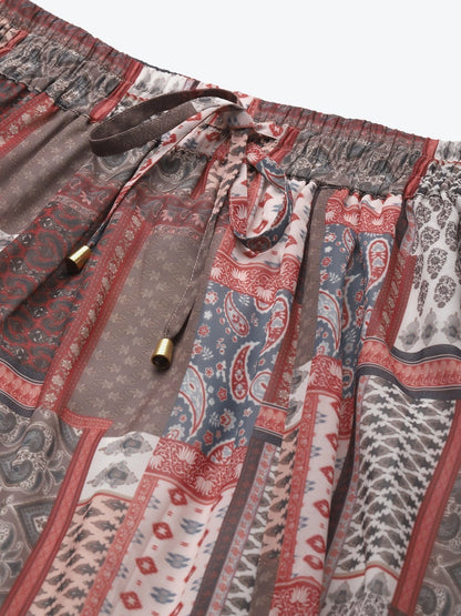 Women's Brown Patch Print Flared Maxi Skirt