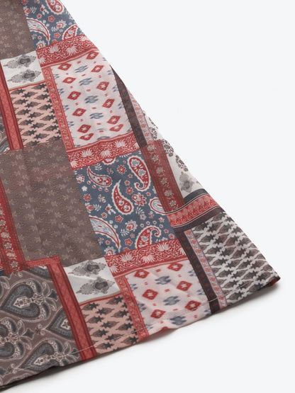 Women's Brown Patch Print Flared Maxi Skirt
