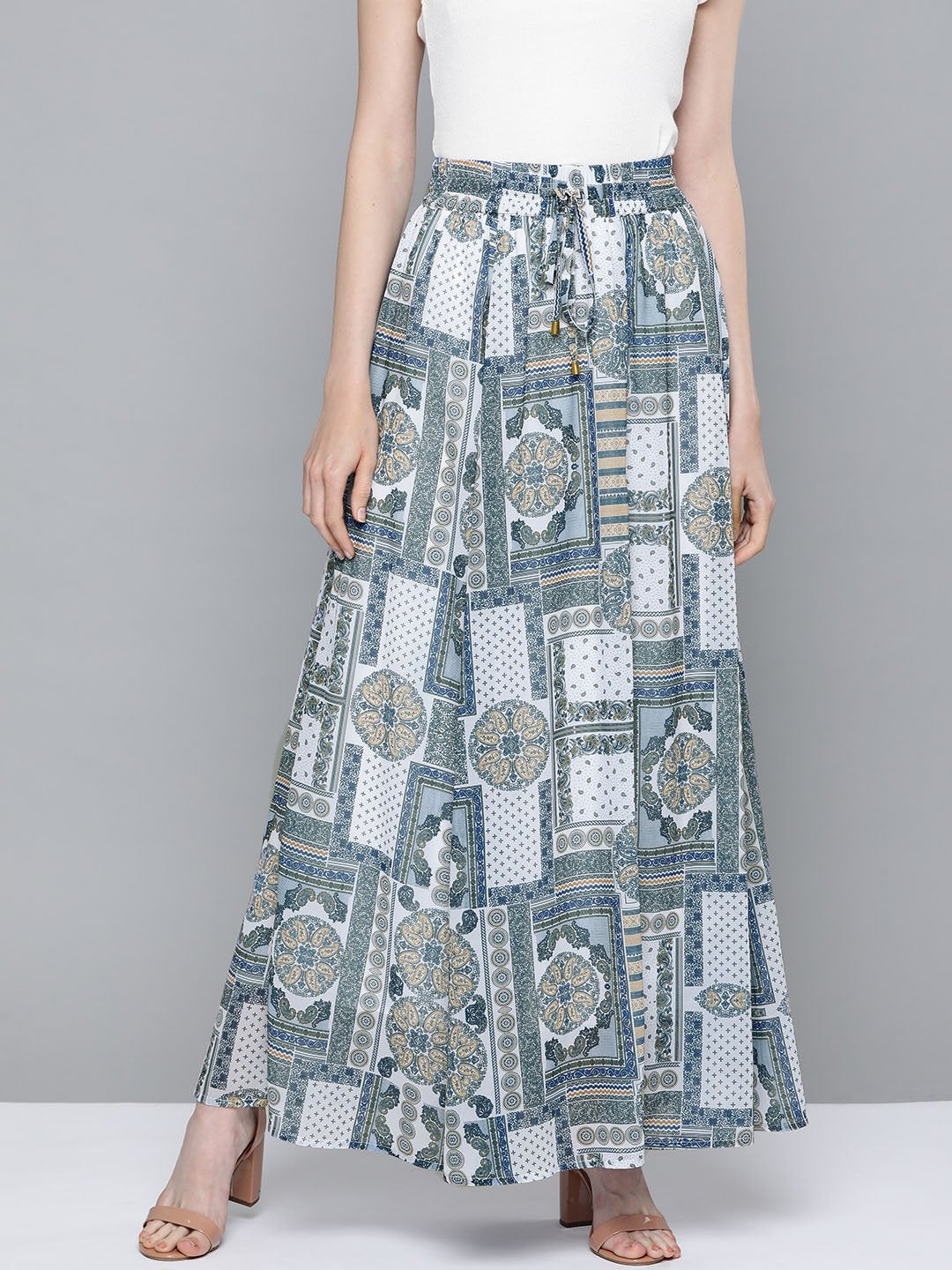 Women's Blue Patch Print Flared Maxi Skirt
