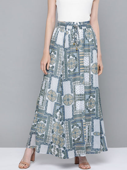 Women's Blue Patch Print Flared Maxi Skirt