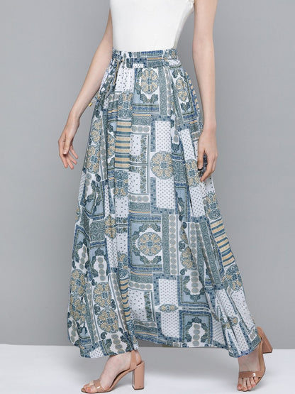 Women's Blue Patch Print Flared Maxi Skirt