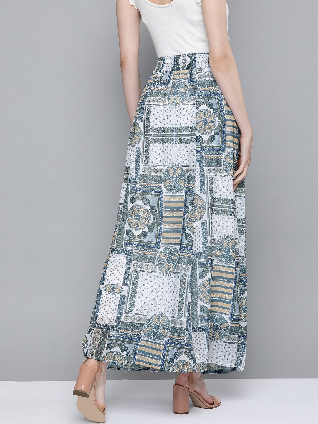 Women's Blue Patch Print Flared Maxi Skirt