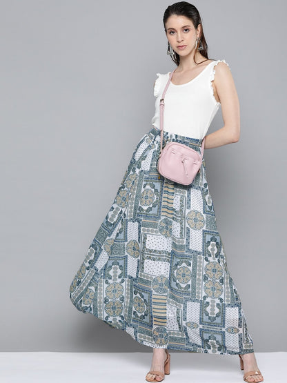 Women's Blue Patch Print Flared Maxi Skirt