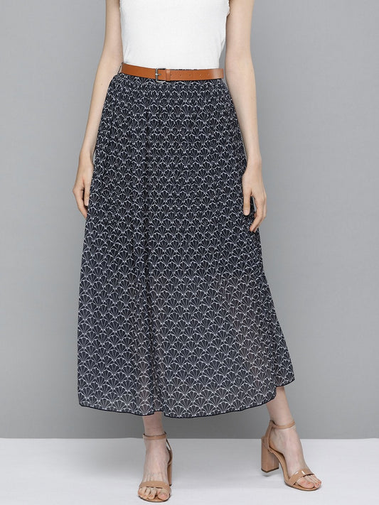 Women's Navy Floral Geo Print Belted Skirt
