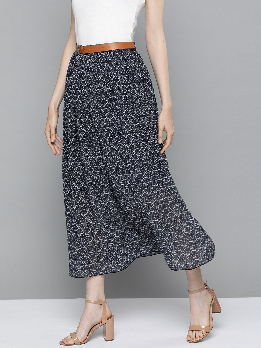 Women's Navy Floral Geo Print Belted Skirt