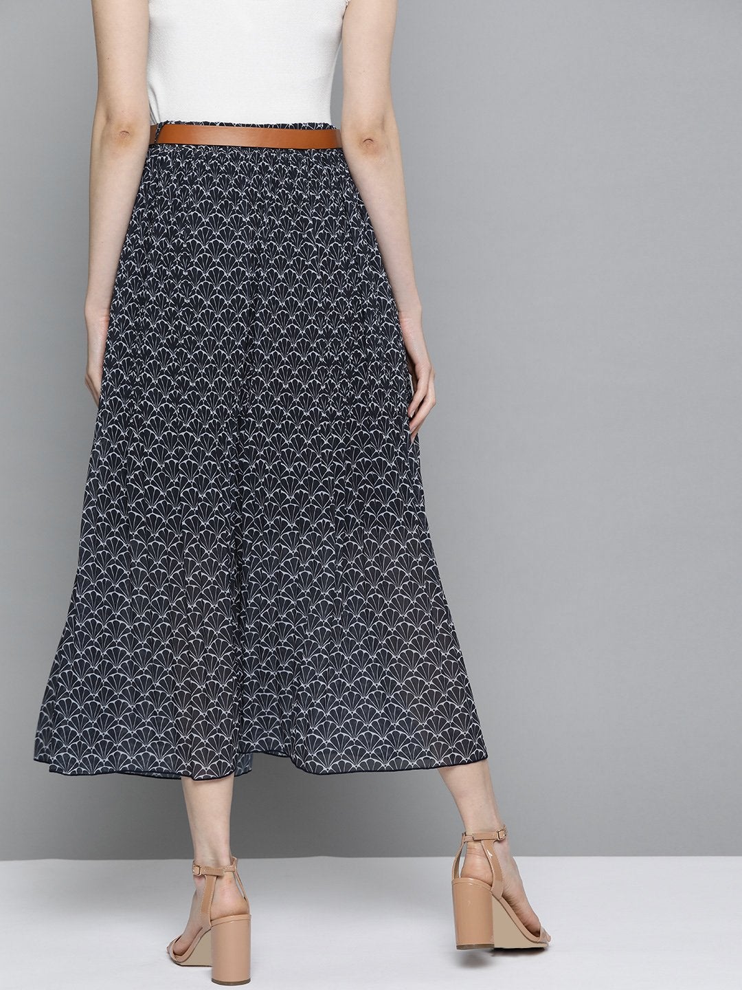 Women's Navy Floral Geo Print Belted Skirt