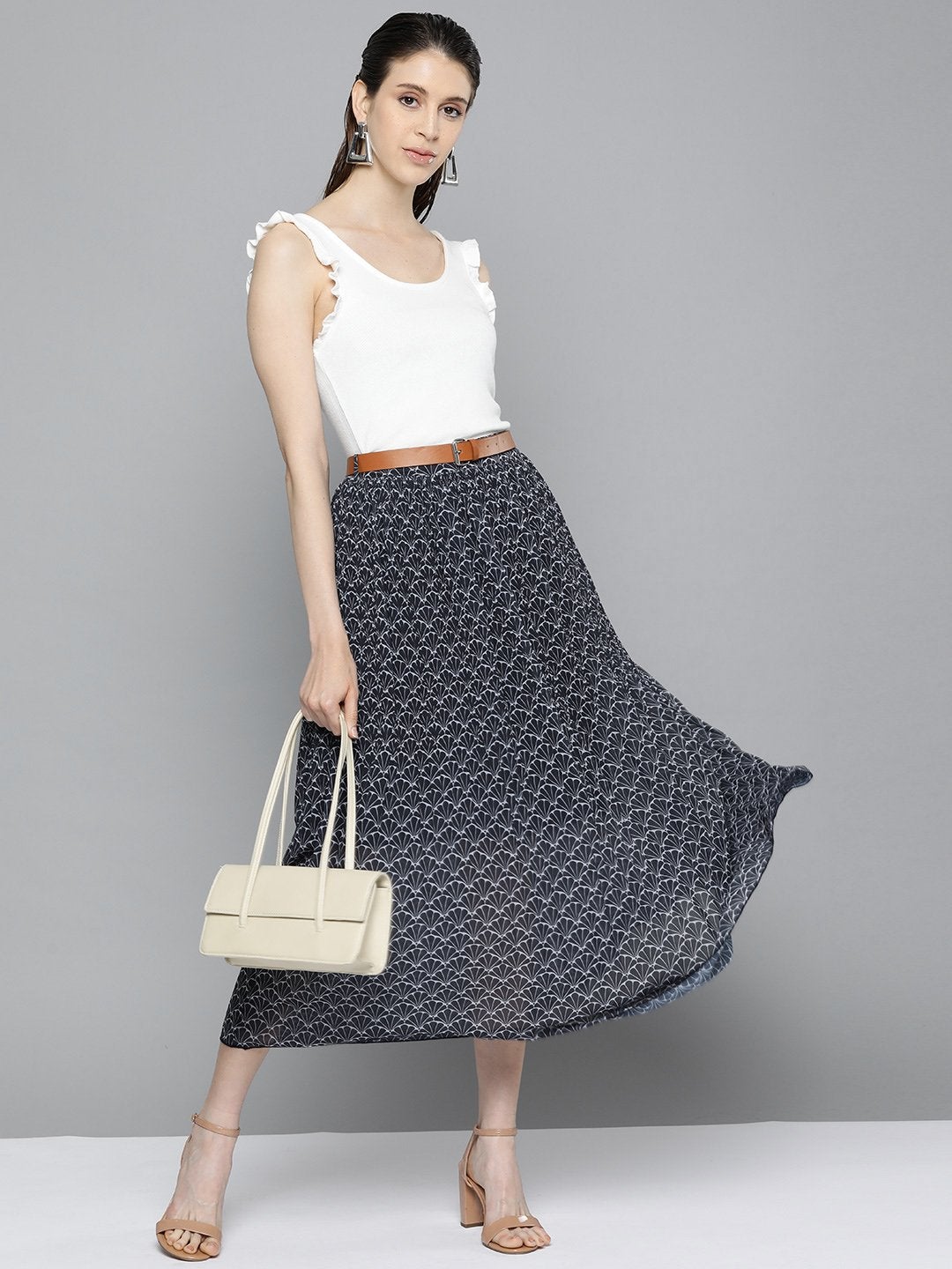 Women's Navy Floral Geo Print Belted Skirt