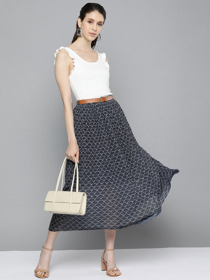 Women's Navy Floral Geo Print Belted Skirt