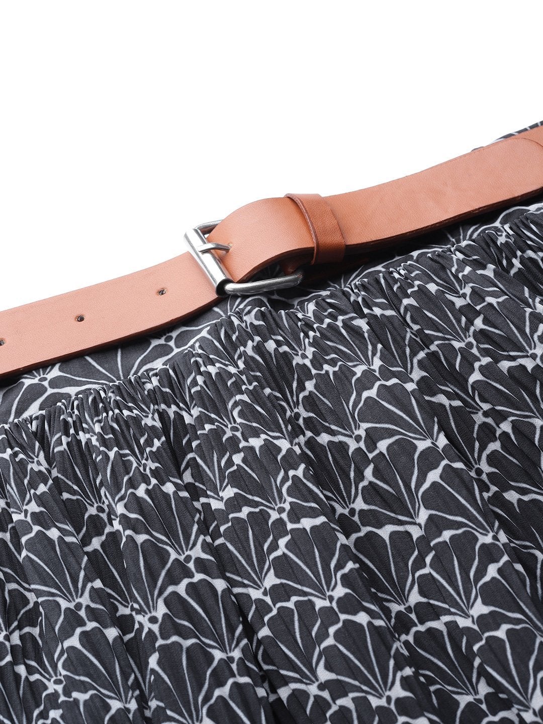 Women's Navy Floral Geo Print Belted Skirt