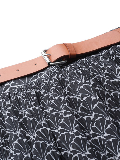 Women's Navy Floral Geo Print Belted Skirt