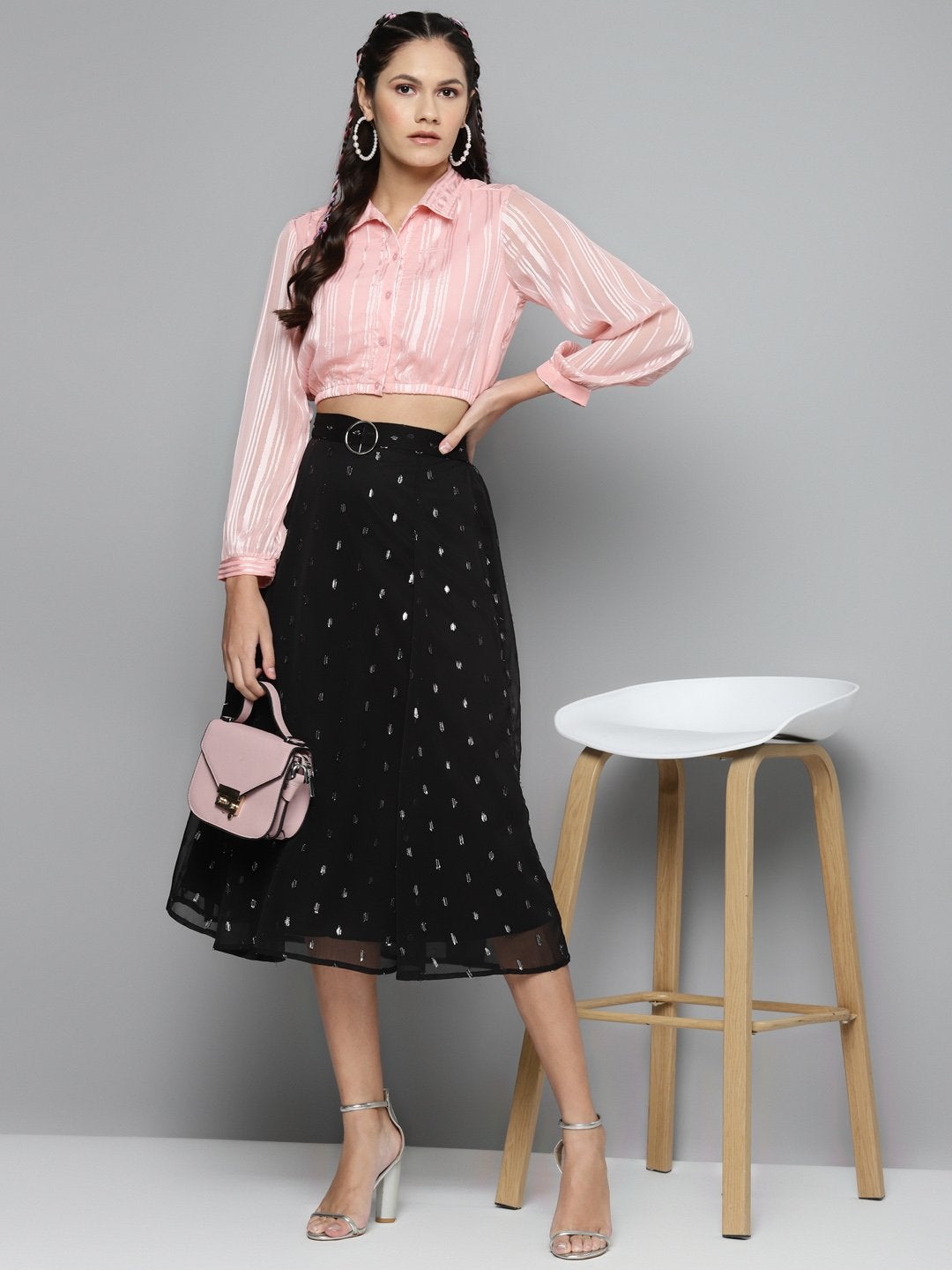Women's Black Lurex Midi Skirt