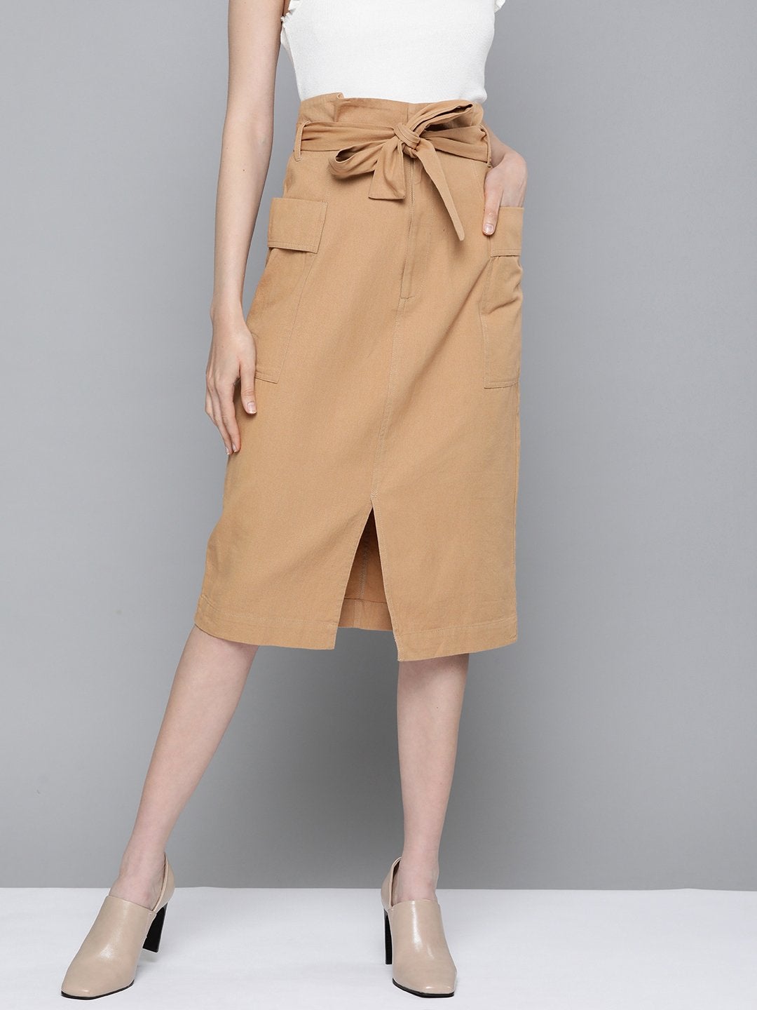 Women's Beige Paper Bag Waist Twill Skirt