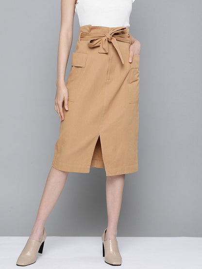 Women's Beige Paper Bag Waist Twill Skirt