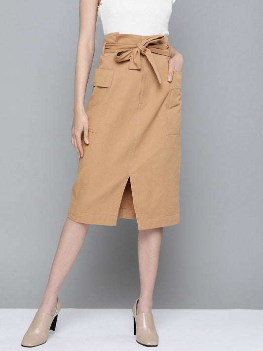 Women's Beige Paper Bag Waist Twill Skirt