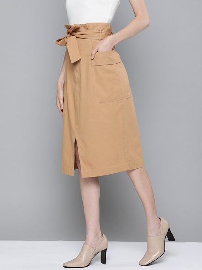 Women's Beige Paper Bag Waist Twill Skirt