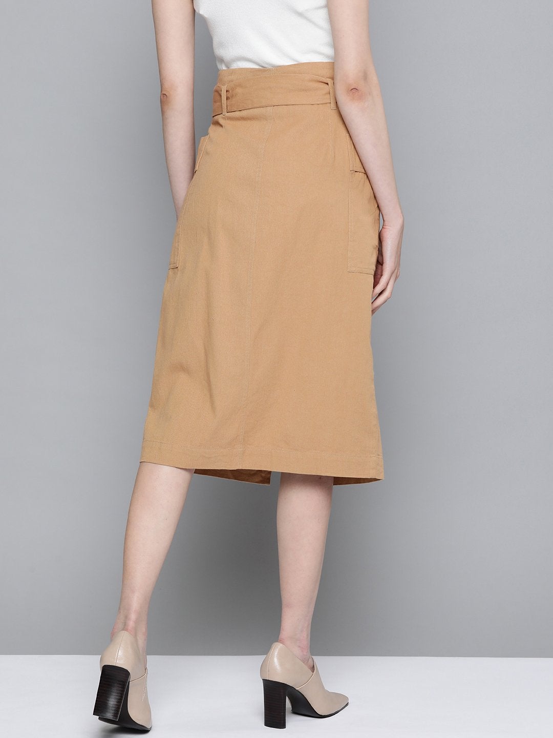 Women's Beige Paper Bag Waist Twill Skirt