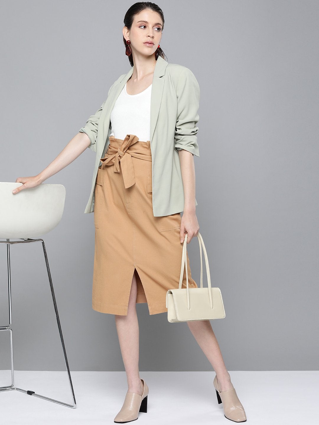 Women's Beige Paper Bag Waist Twill Skirt