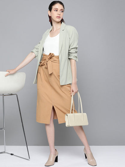 Women's Beige Paper Bag Waist Twill Skirt