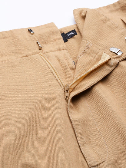Women's Beige Paper Bag Waist Twill Skirt