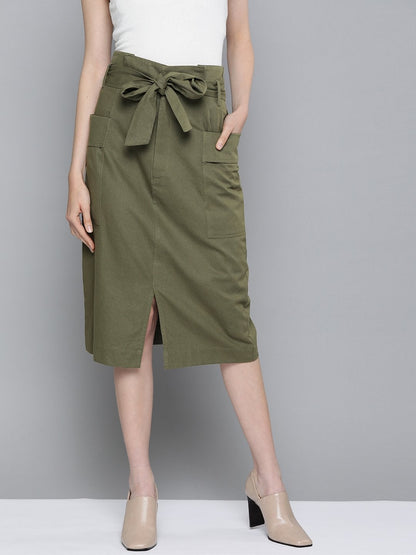 Women's Olive Paper Bag Waist Twill Skirt