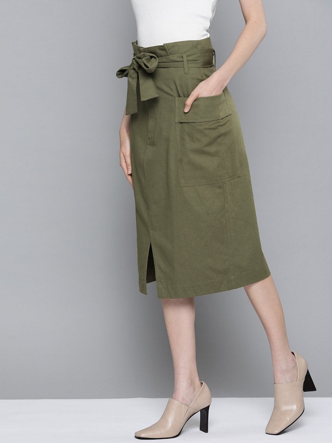 Women's Olive Paper Bag Waist Twill Skirt