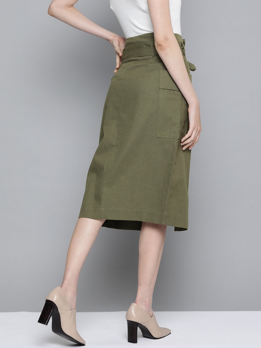 Women's Olive Paper Bag Waist Twill Skirt