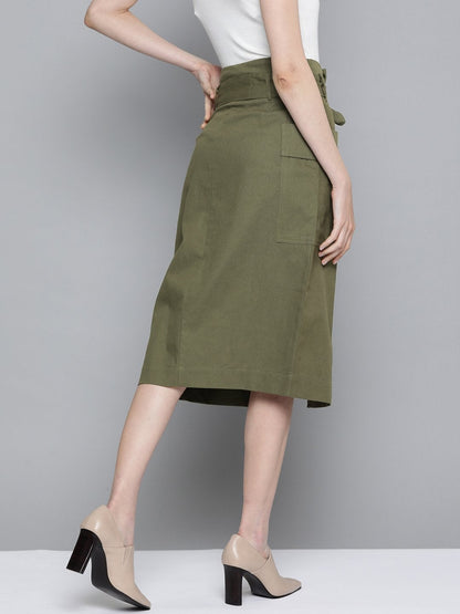 Women's Olive Paper Bag Waist Twill Skirt