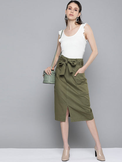 Women's Olive Paper Bag Waist Twill Skirt