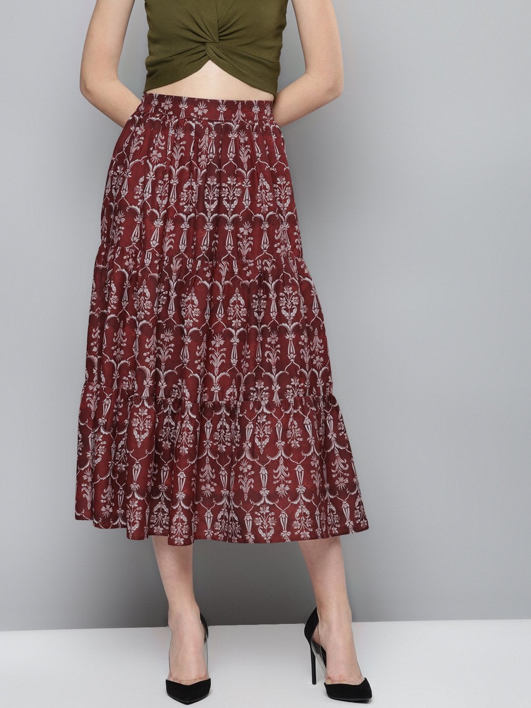 Women's Maroon Floral Tiered Skirt