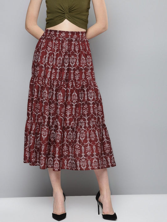 Women's Maroon Floral Tiered Skirt