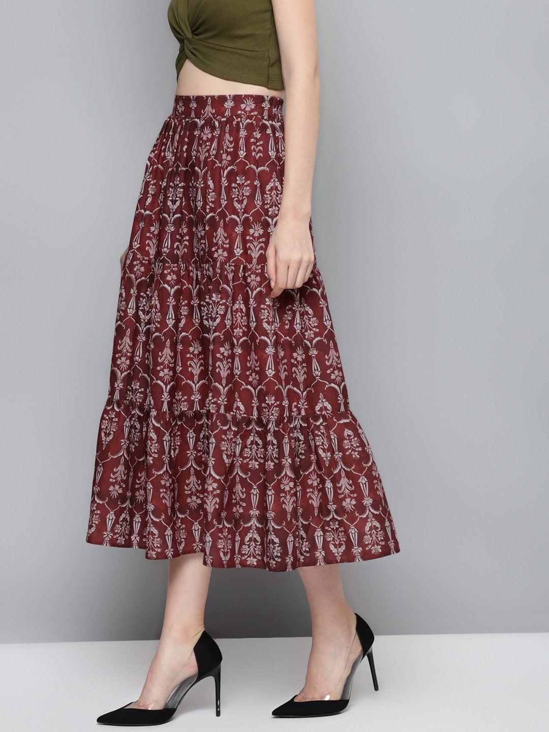Women's Maroon Floral Tiered Skirt