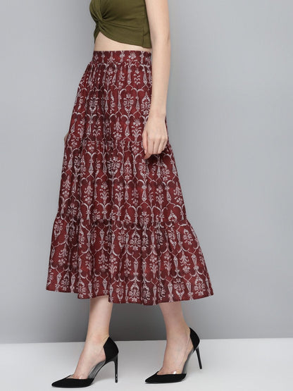 Women's Maroon Floral Tiered Skirt