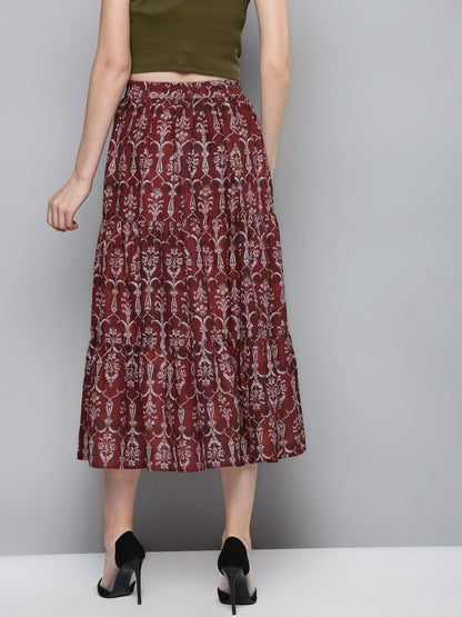 Women's Maroon Floral Tiered Skirt