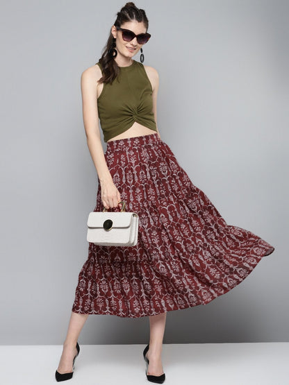 Women's Maroon Floral Tiered Skirt