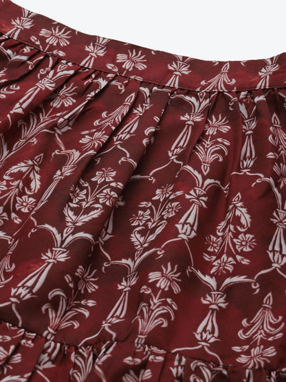 Women's Maroon Floral Tiered Skirt