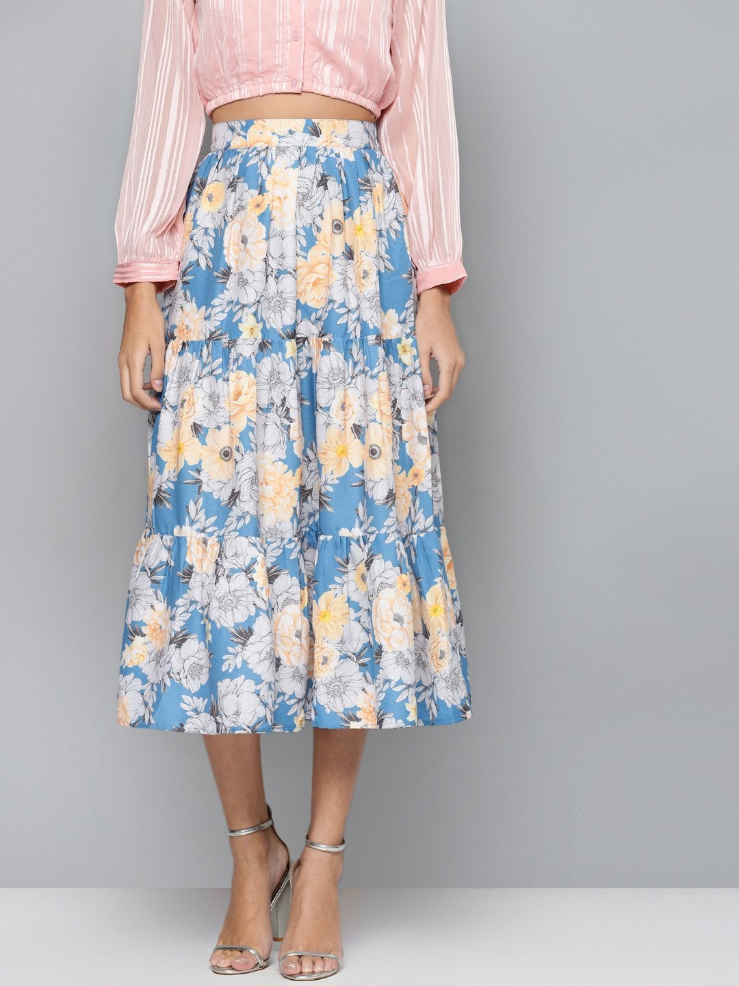 Women's Blue & Yellow Floral Tiered Skirt
