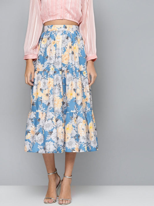 Women's Blue & Yellow Floral Tiered Skirt