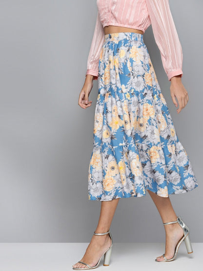 Women's Blue & Yellow Floral Tiered Skirt