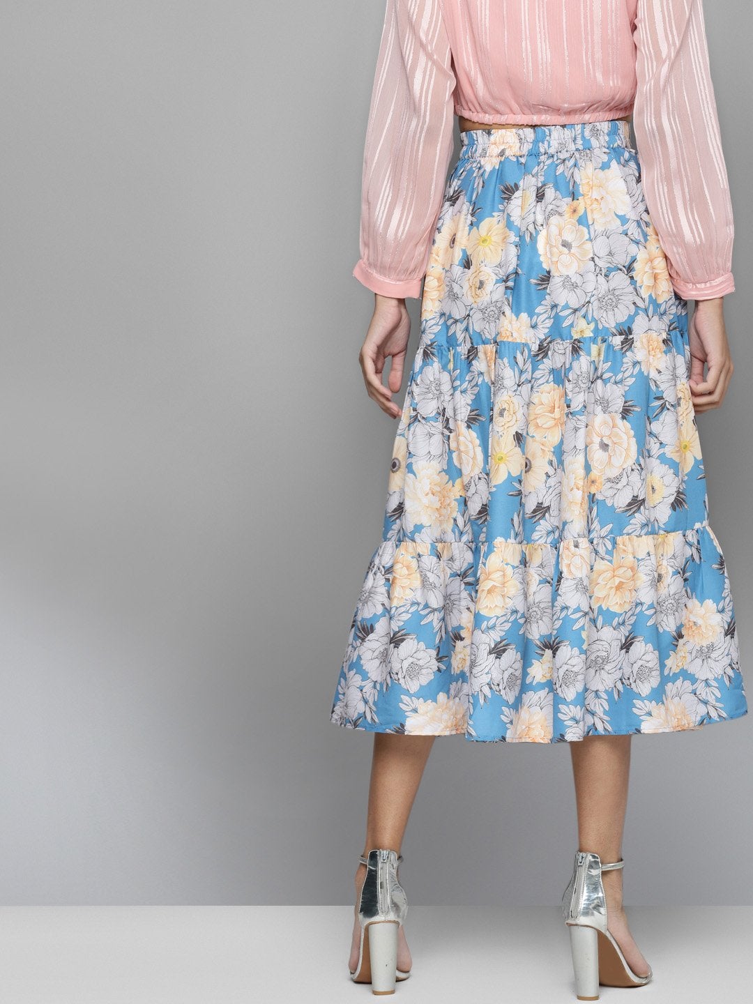Women's Blue & Yellow Floral Tiered Skirt