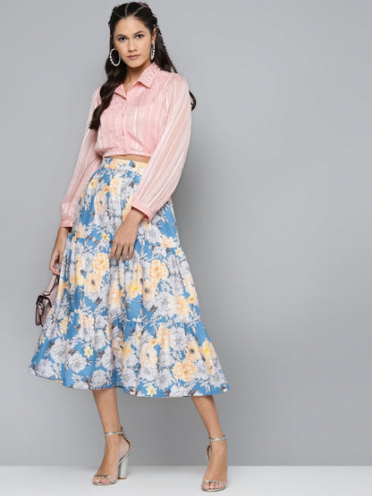 Women's Blue & Yellow Floral Tiered Skirt