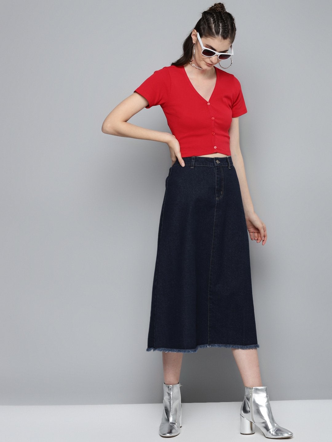 Women's Navy Denim Asymmetrical Skirt