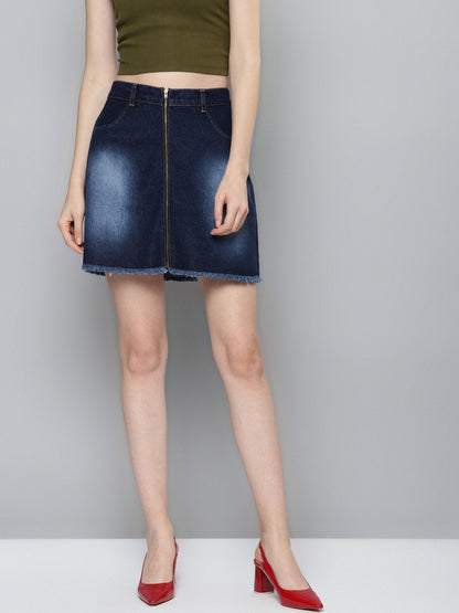 Women's Navy Denim Front Zipper Mini Skirt