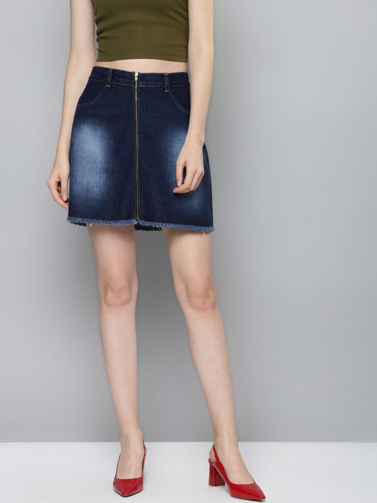 Women's Navy Denim Front Zipper Mini Skirt