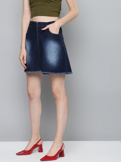Women's Navy Denim Front Zipper Mini Skirt