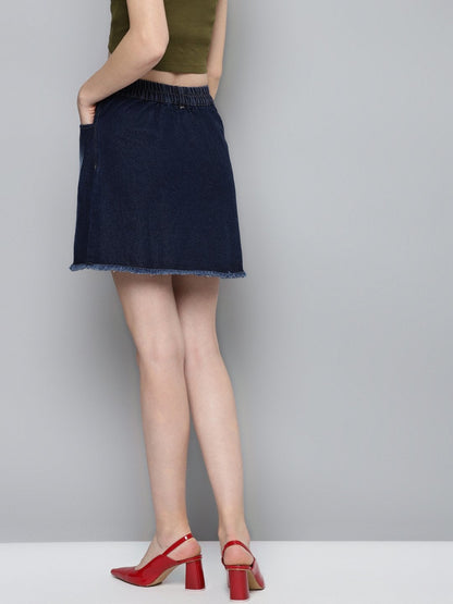 Women's Navy Denim Front Zipper Mini Skirt