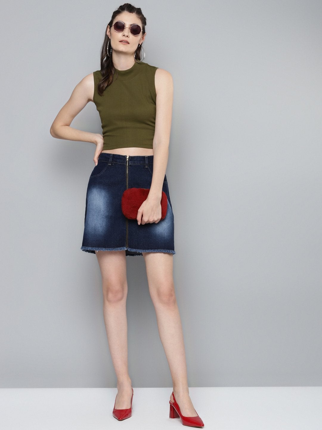 Women's Navy Denim Front Zipper Mini Skirt