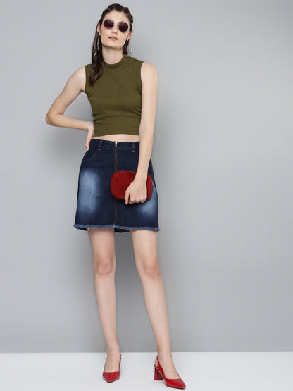 Women's Navy Denim Front Zipper Mini Skirt