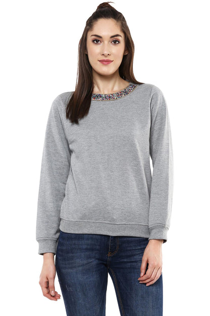 Women's Blingy Neck Grey Melange Sweatshirt