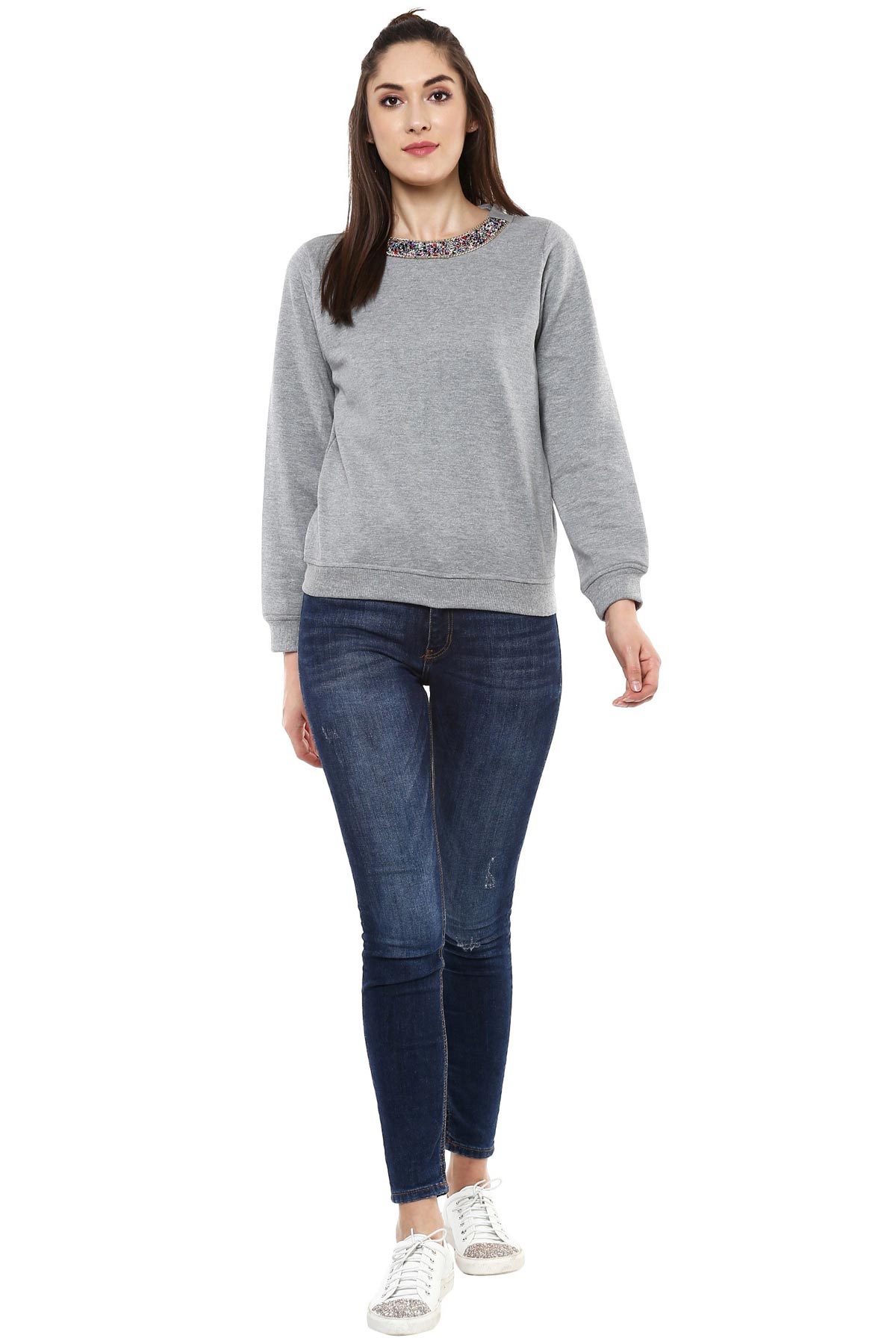 Women's Blingy Neck Grey Melange Sweatshirt